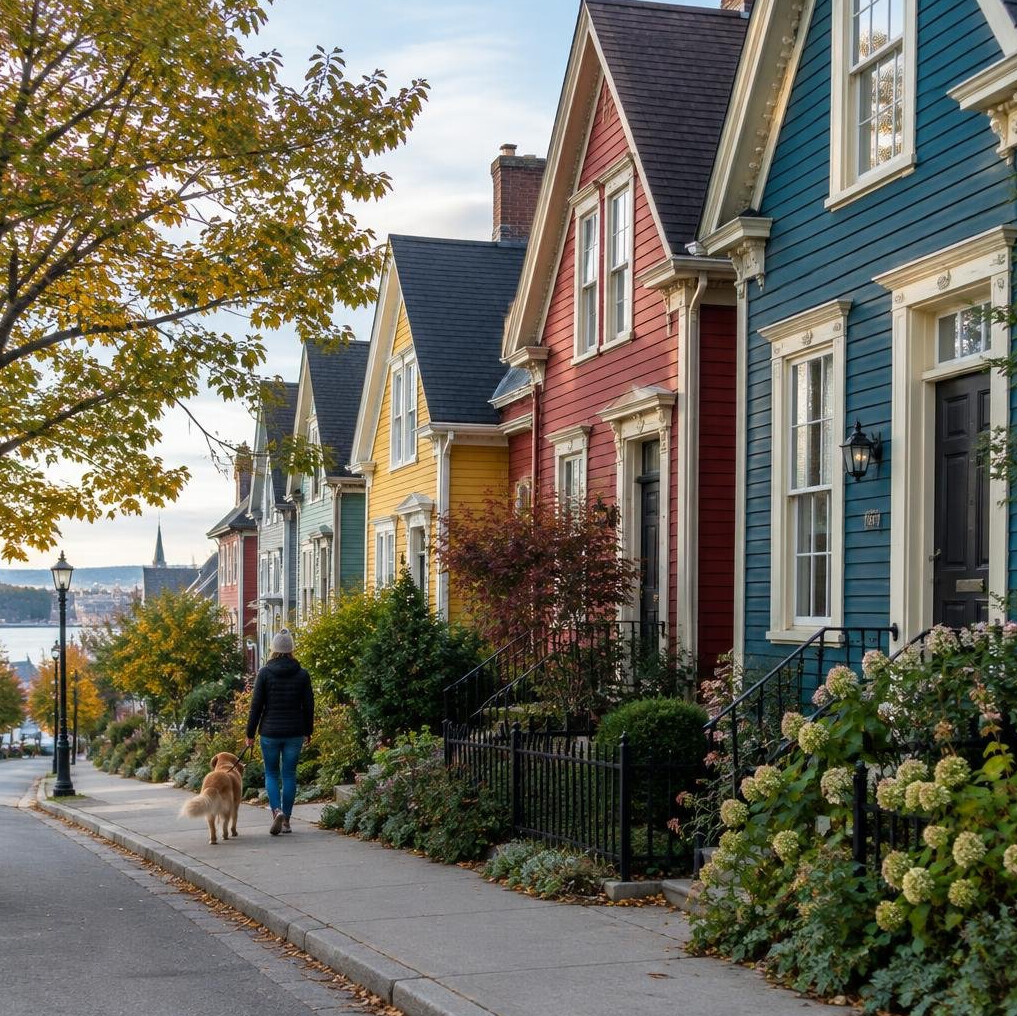 Colorful heritage houses with a person walking a dog