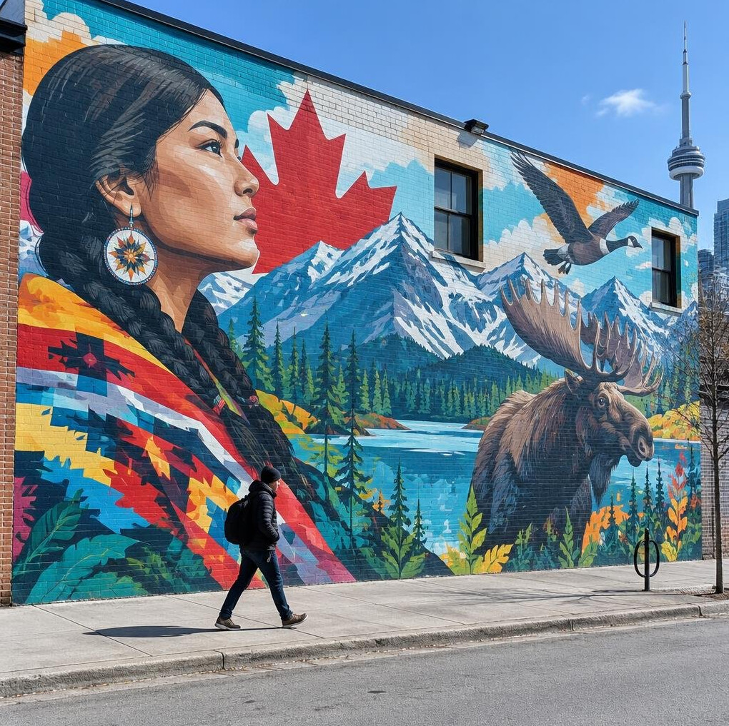 Colorful mural-covered wall with a person walking by