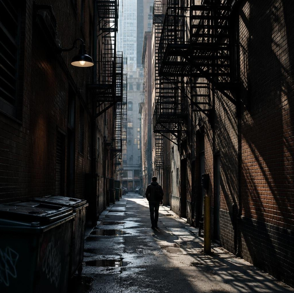 Narrow downtown alley with a lone pedestrian