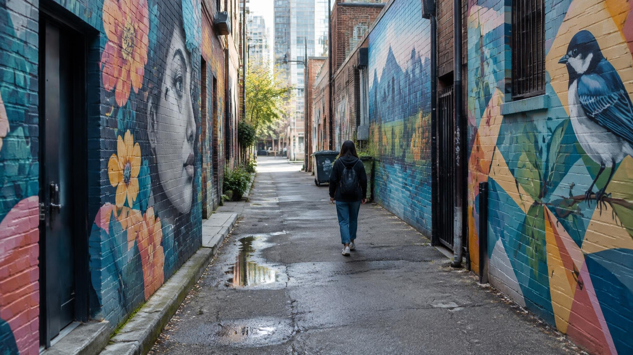 A quiet laneway with mural art and a pedestrian