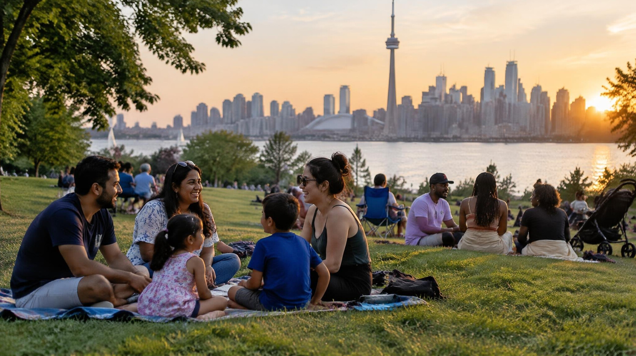 Families relaxing in an urban park with a city skyline