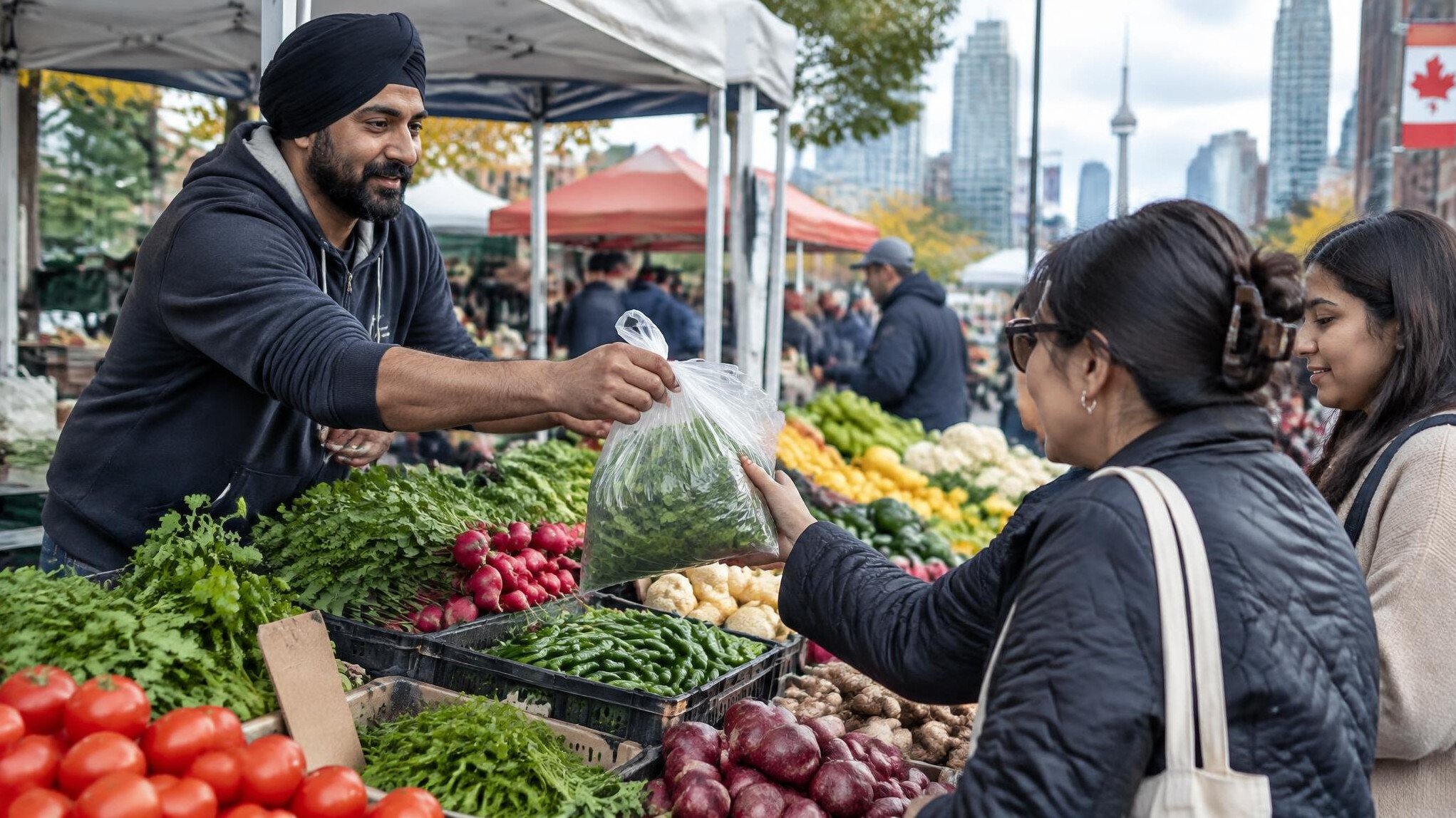 Vendor and shoppers at an outdoor street market stall