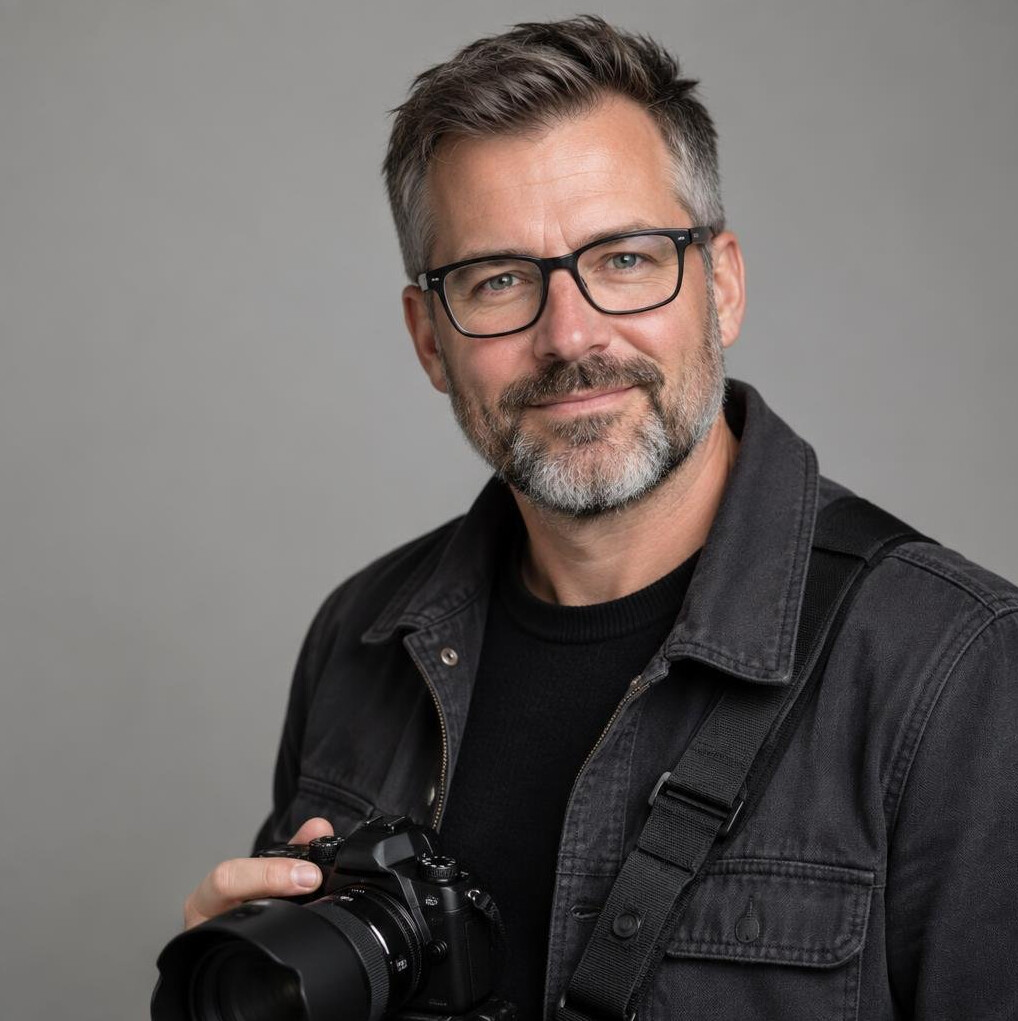 Studio portrait of a man urban photographer with glasses