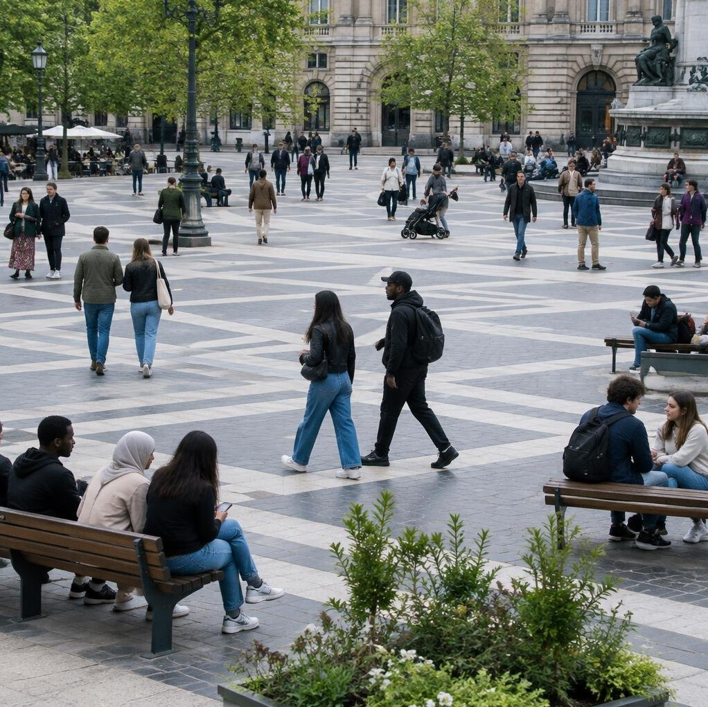 Public square with scattered pedestrians and benches