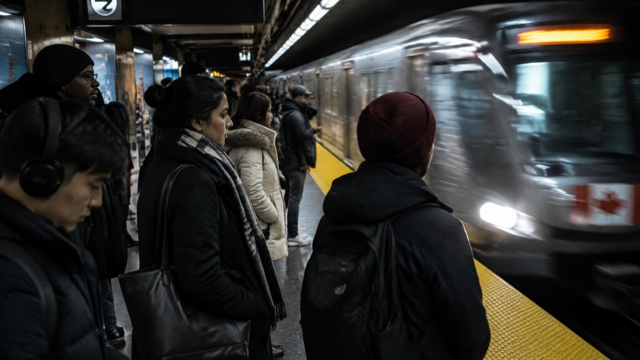 Commuters waiting on a transit platform in a Canadian city