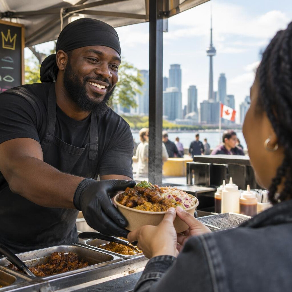 Street food vendor serving a customer at an outdoor stall
