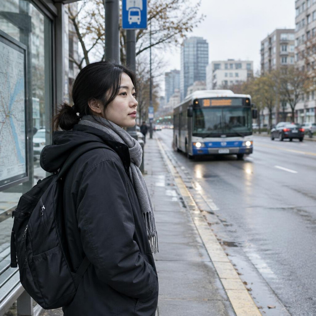 Commuter waiting at a bus stop with a backpack